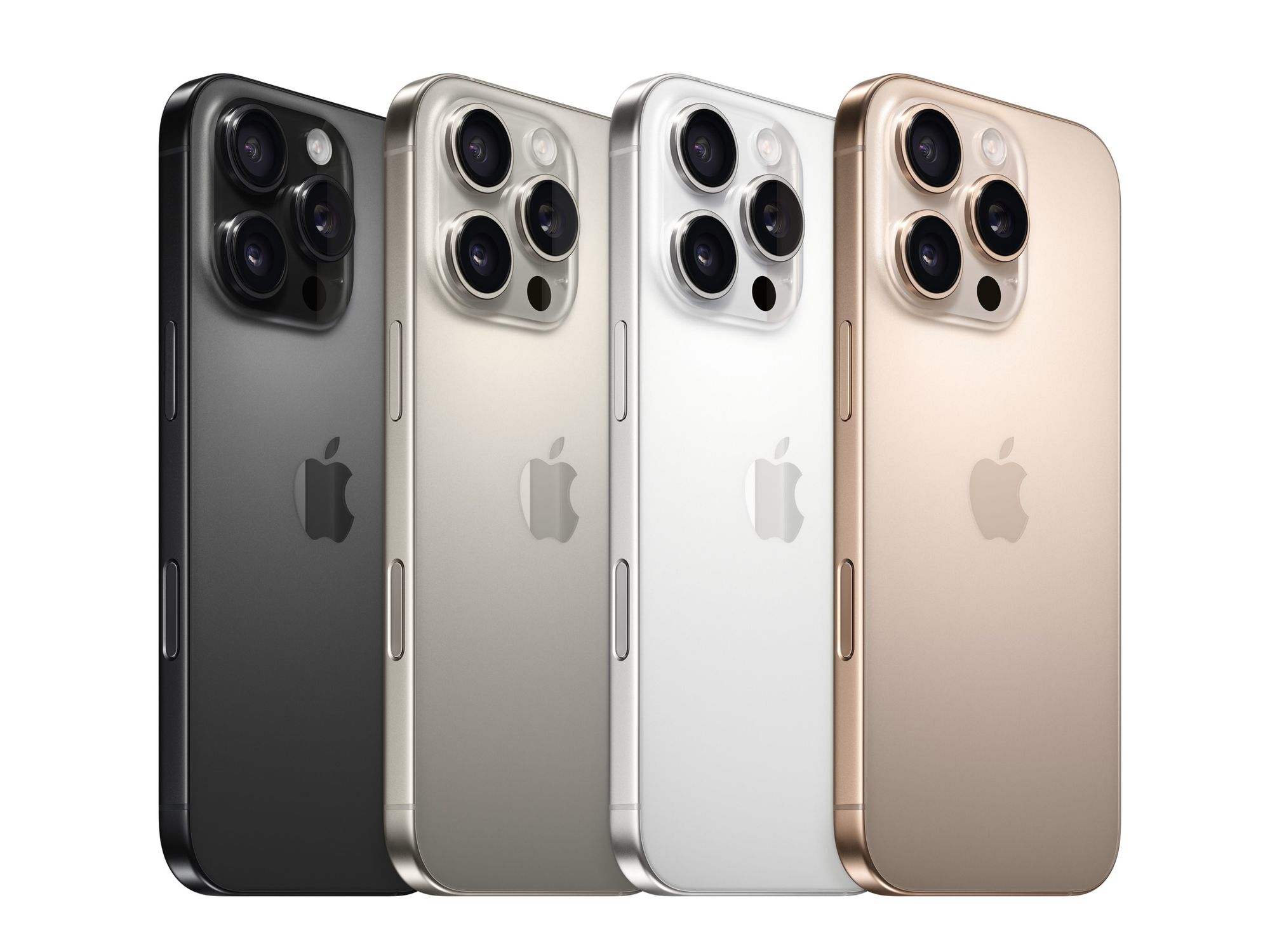 iphone 16 pro max pictured in Black Titanium, Natural Titanium, White Titanium, and Desert Titanium