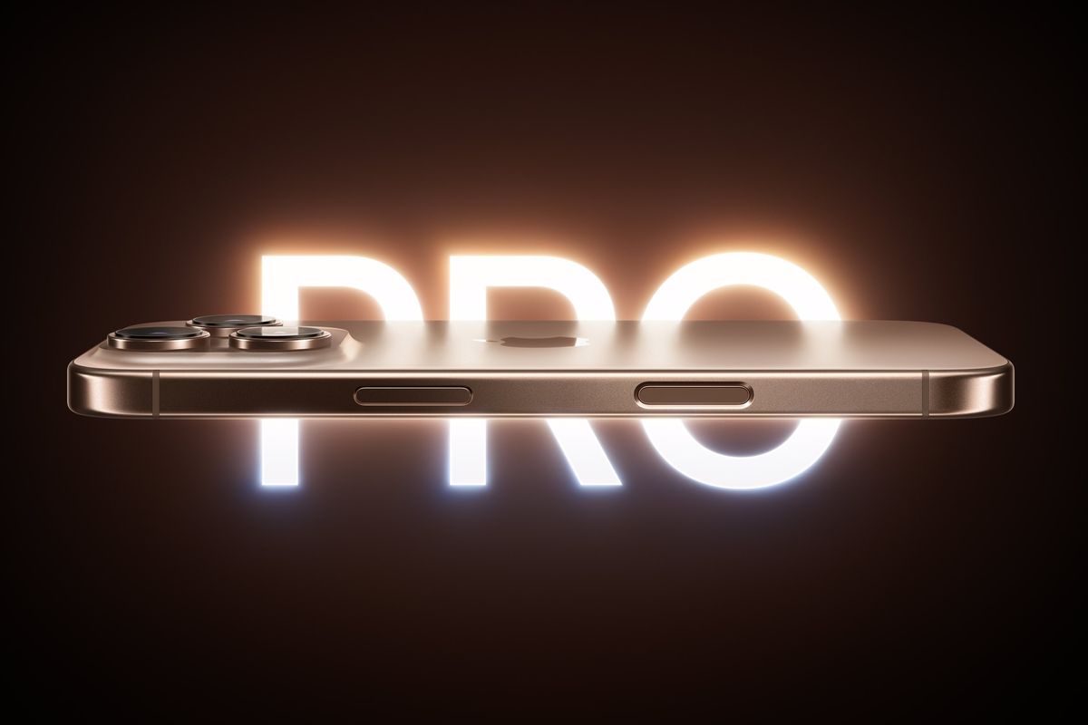 iphone 16 pro seen from the side with the words PRO illuminated behind it