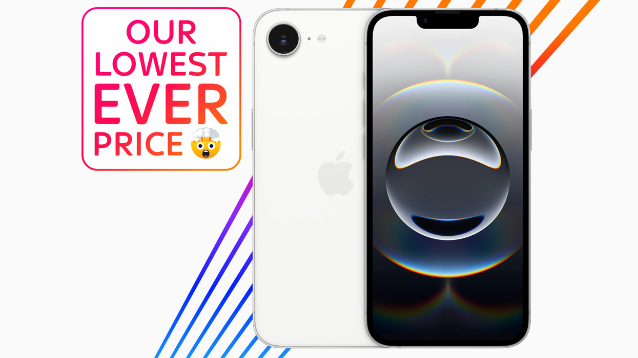 iPhone 16e in White with Sky Mobile colours in the background