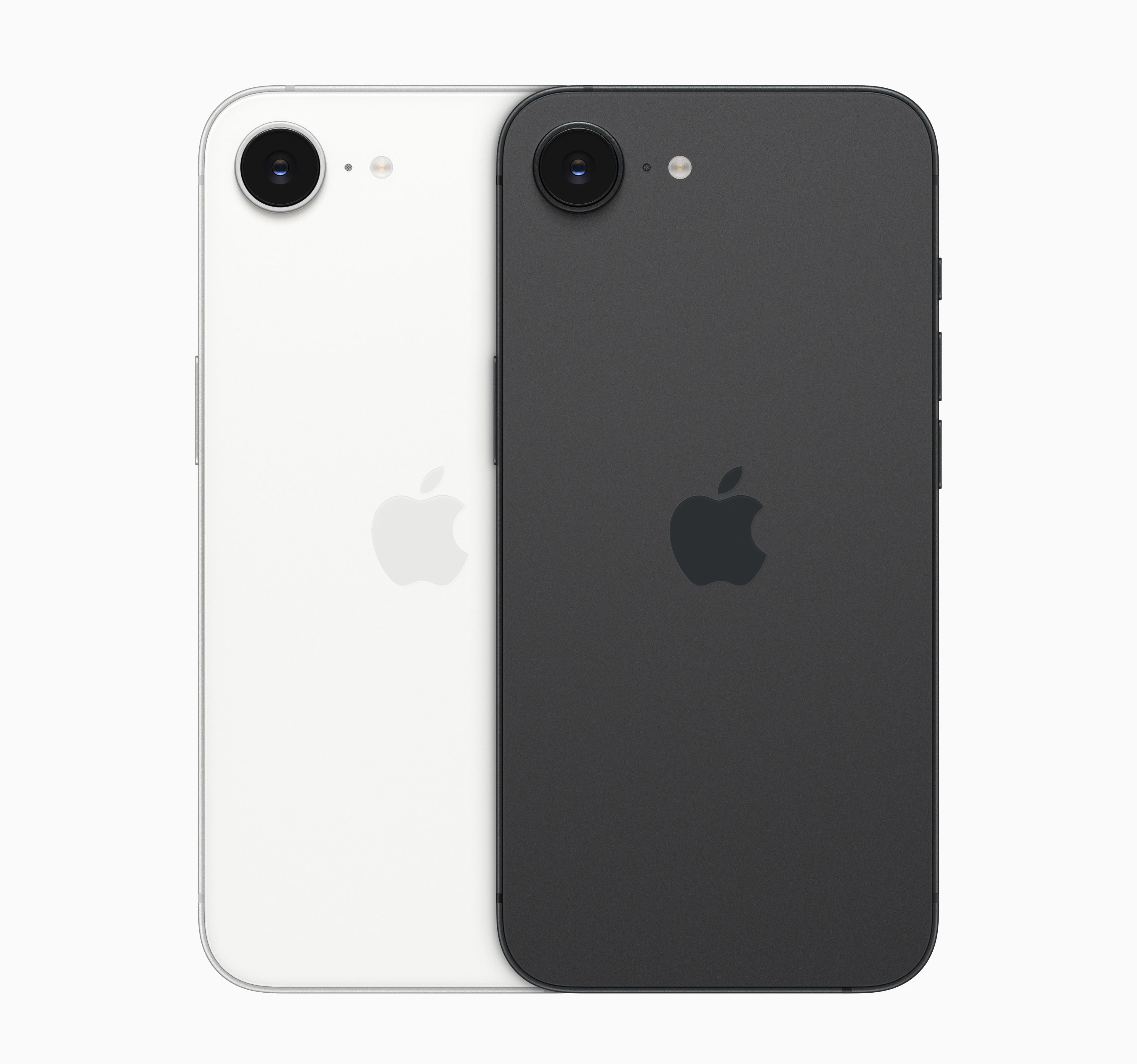 iphone 16e shown in white and black finishes side by side