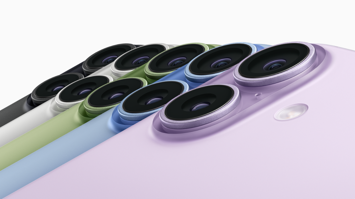 iPhone 17 pictured side by side in Lavender, Mist Blue, Sage, White, and Black