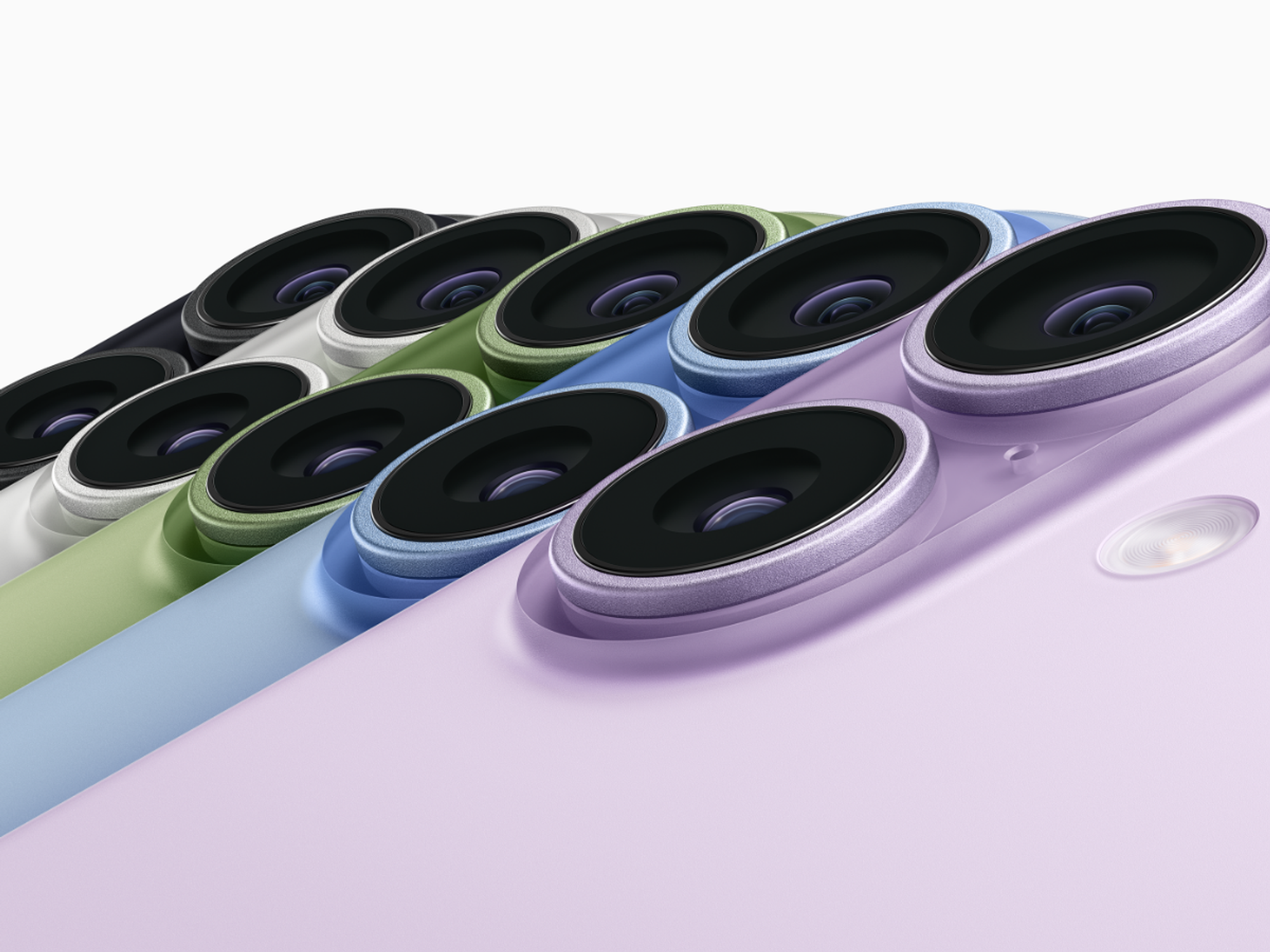 iPhone 17 pictured side by side in Lavender, Mist Blue, Sage, White, and Black