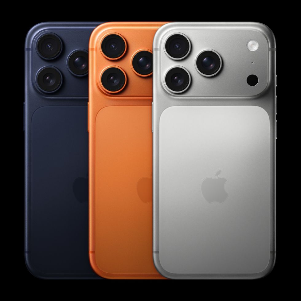 iPhone 17 Pro in Cosmic Orange, Deep Blue, and Silver on a black background