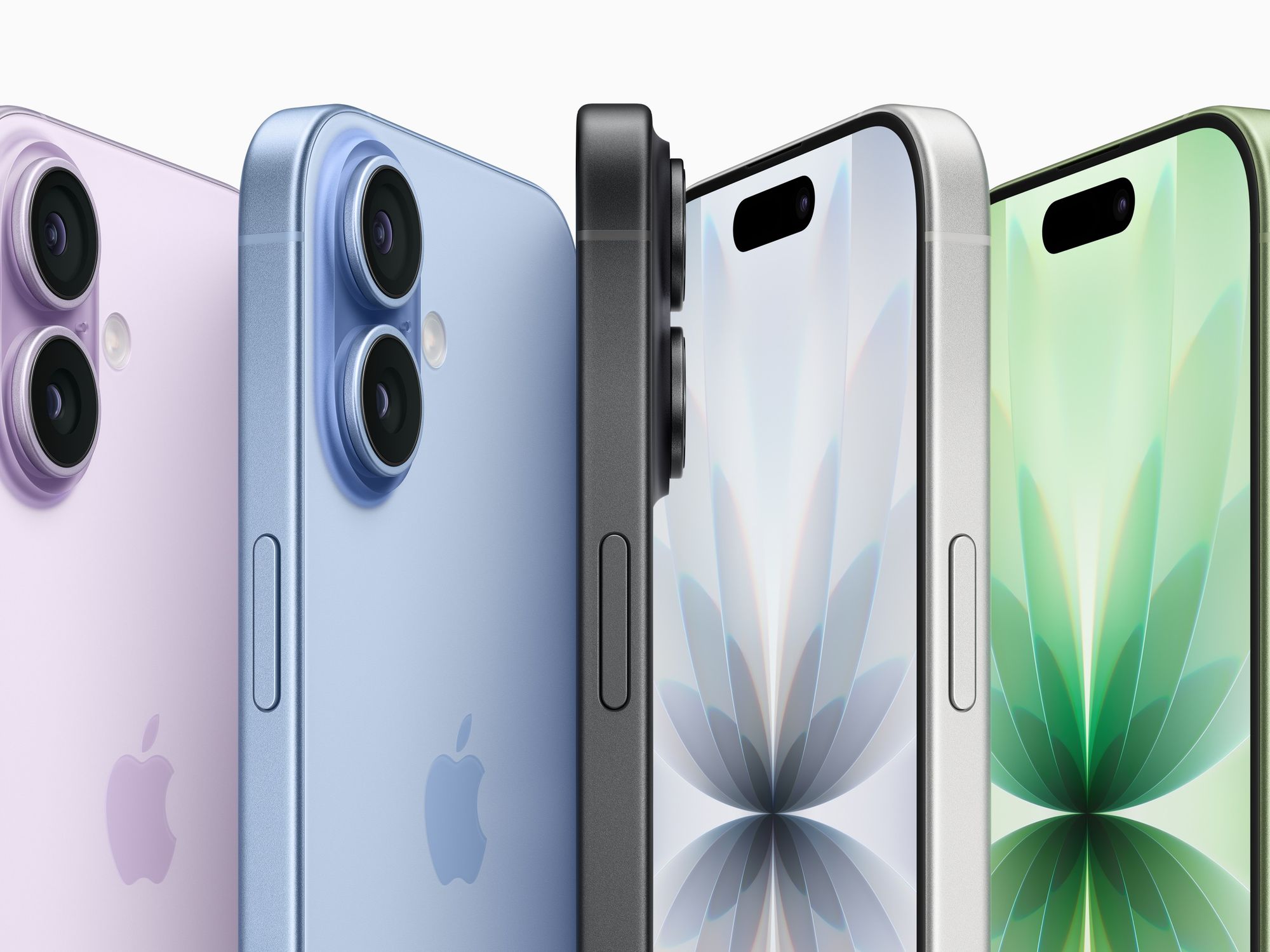 iphone 17 shown from the side in all colourways, including Lavender, Mist Blue, Sage, White, or Black