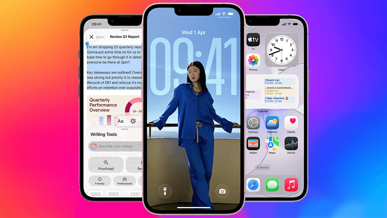 iphone 17e pictured running iOS 27 on three separate handsets with a multicoloured background