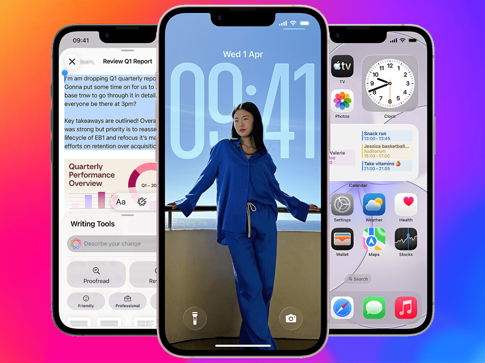 iphone 17e pictured running iOS 27 on three separate handsets with a multicoloured background