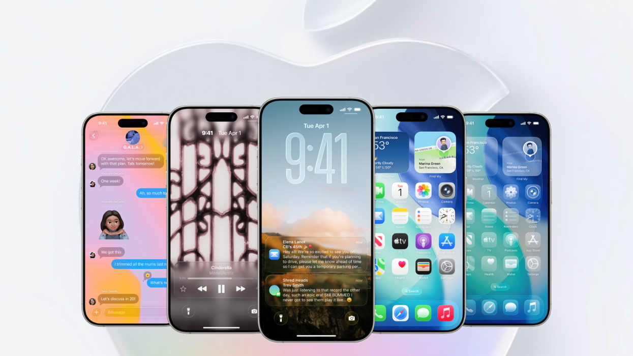 iphone handsets pictured side by side with the apple logo in the background