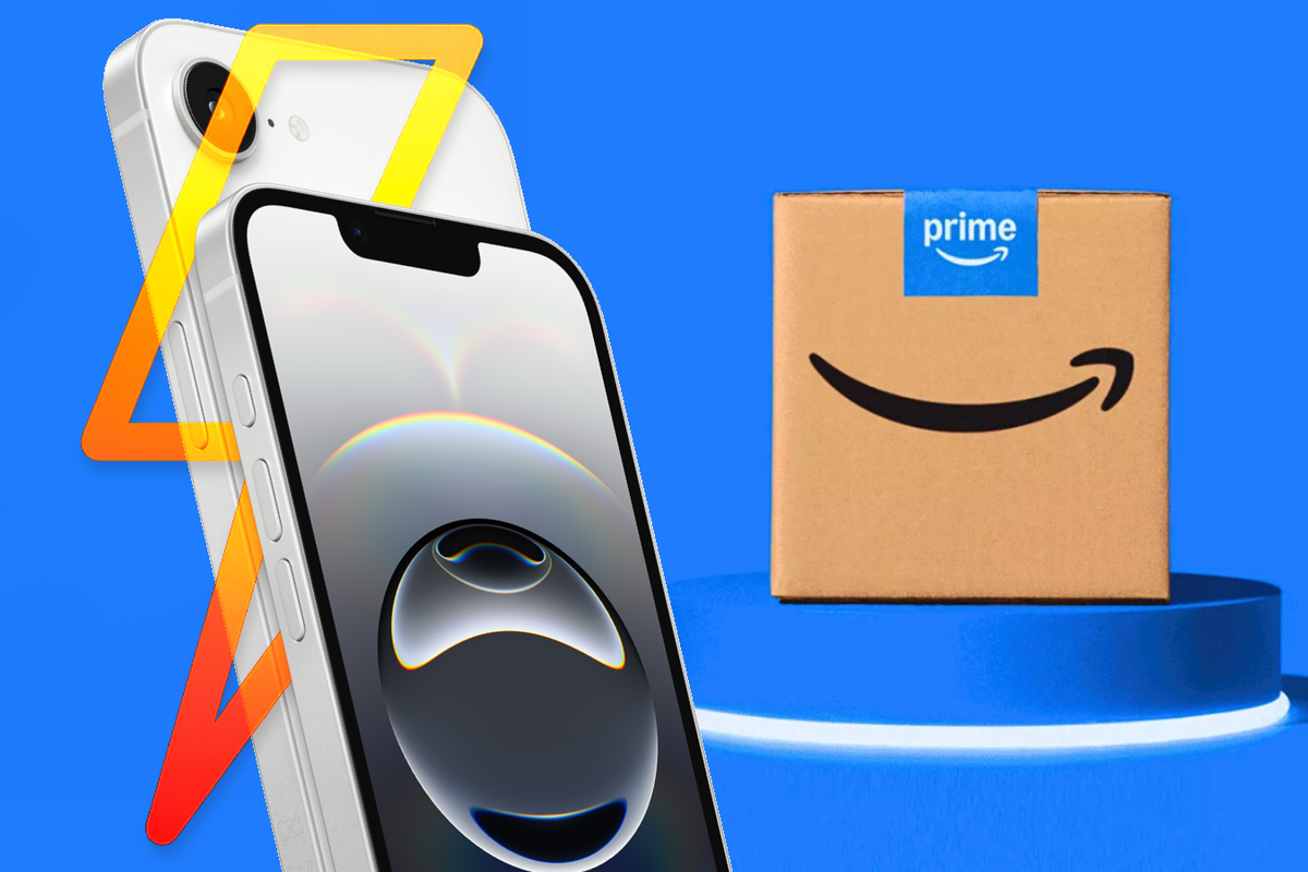 iPhone in White pictured with an amazon prime box in the background