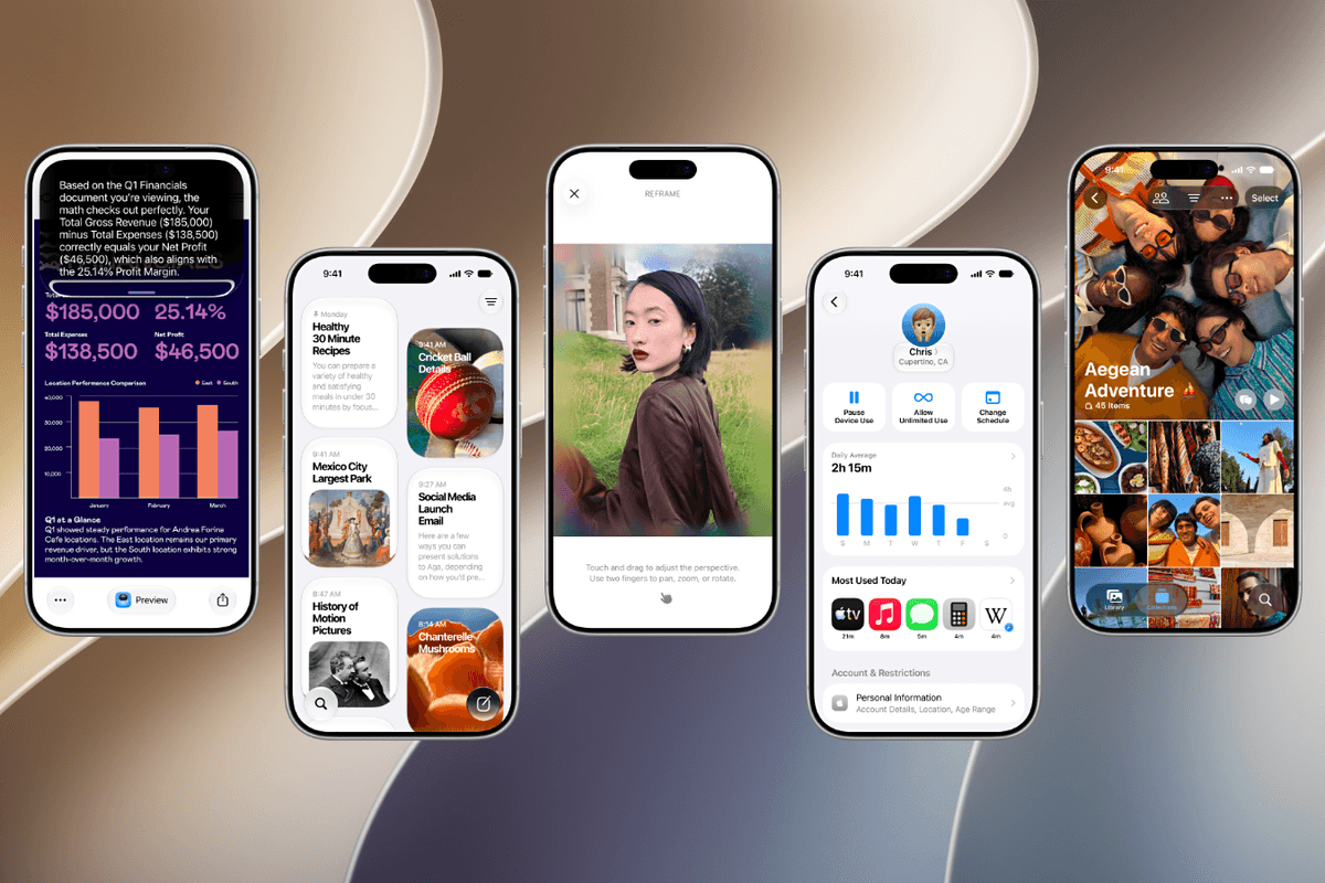 iPhone models running iOS 27 with the new operating system wallpaper pictured in the background
