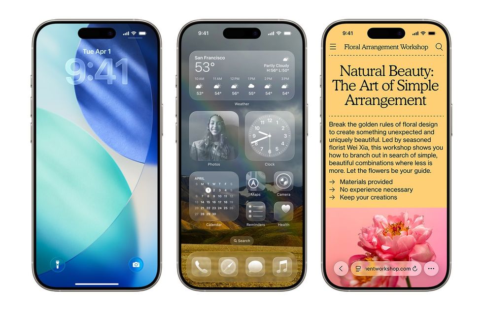 iphone showing the new liquid glass design on the lock screen clear app icons and webpage