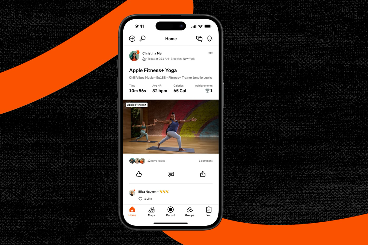 iphone shown with strava on screen with a fitness plus workout listed