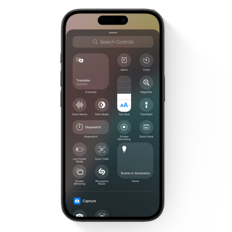 iphone with a screenshot of the new control centre on-screen showing the new buttons