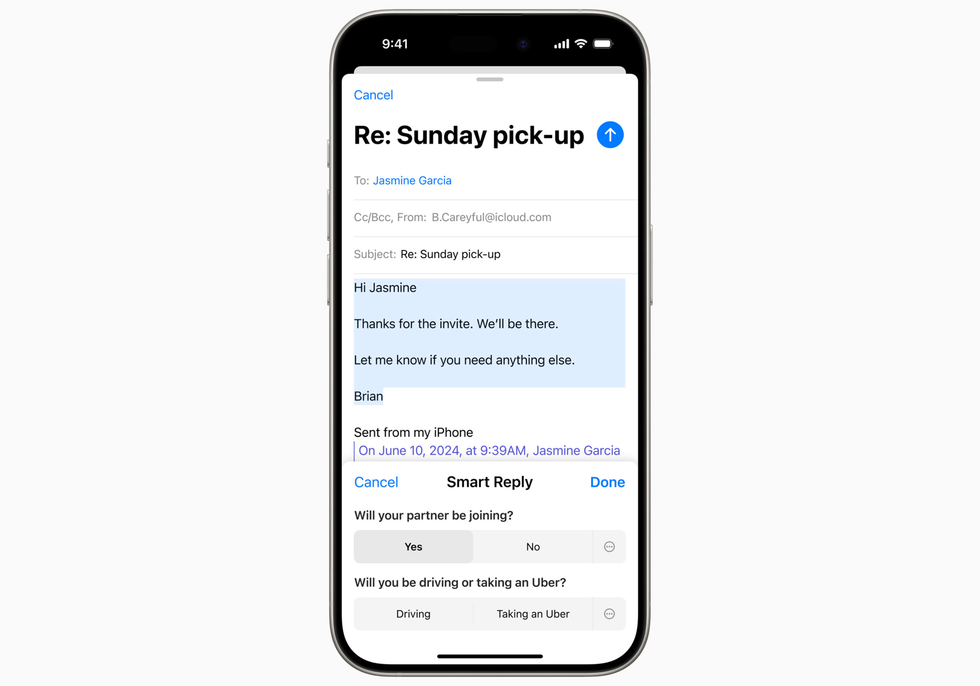 iphone with apple intelligence smart reply suggesting a prewritten response to an email