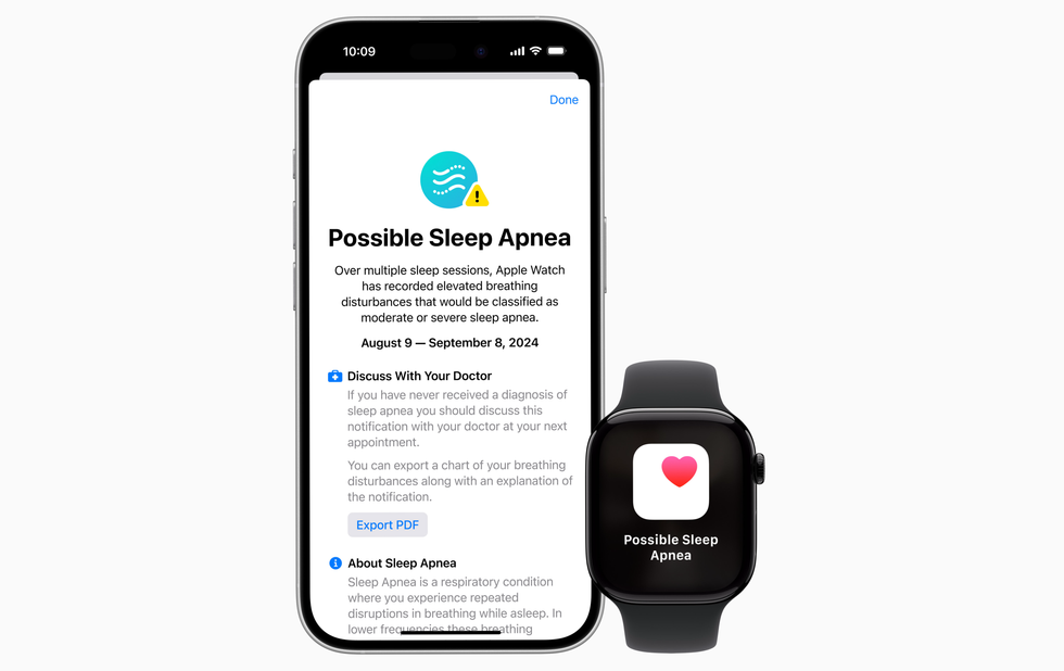 iphone with the health app on-screen and apple watch series 10 showing possible sleep apnea notification