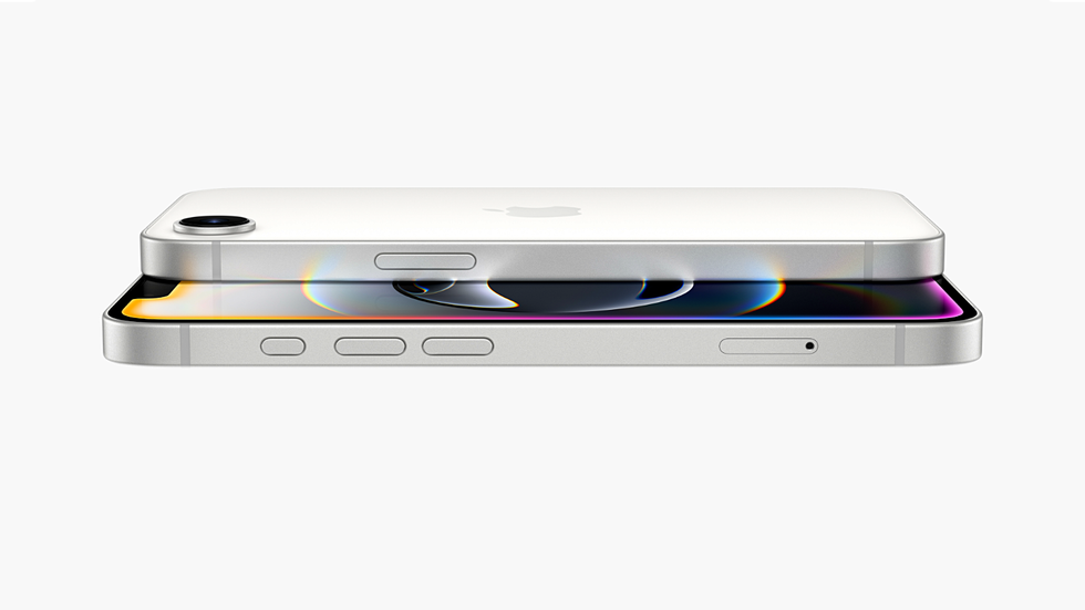 iphonen 16e in white pictured on its side with apple intelligence animation on-screen