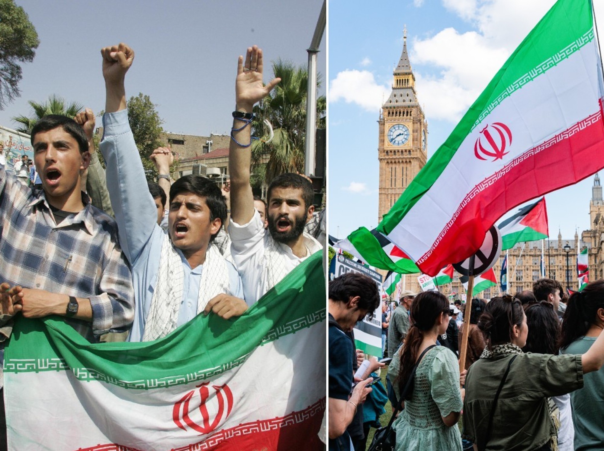 Iranian demonstrators holding their national flag chant slogans against US and Britain during a demonstration in front of the British embassy in Tehran