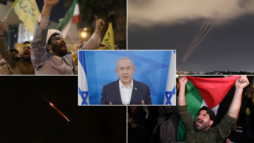 Iranian men celebrating, Iranian missiles targeting Israel, Benjamin Netanyahu
