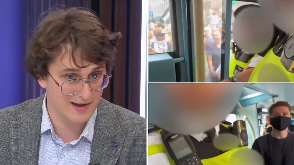 Isaac Grand and two images from his perspective at the protest