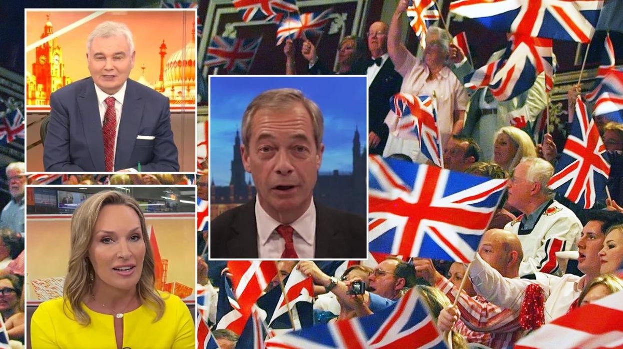 Isabel Webster, Eamonn Holmes, Nigel Farage and people waving union jack flags