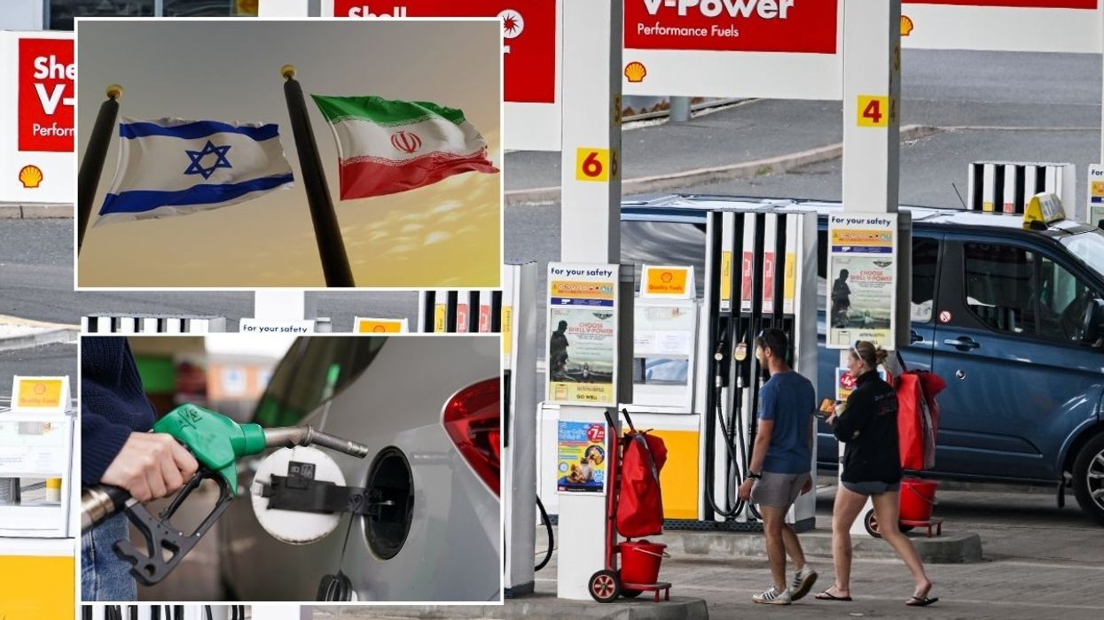 Israel and Iran flags, petrol pump and a filling station