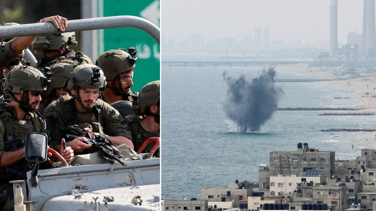 Israeli military drive on a road in southern Israel, as rockets are launched from the Gaza Strip and explosion in sea