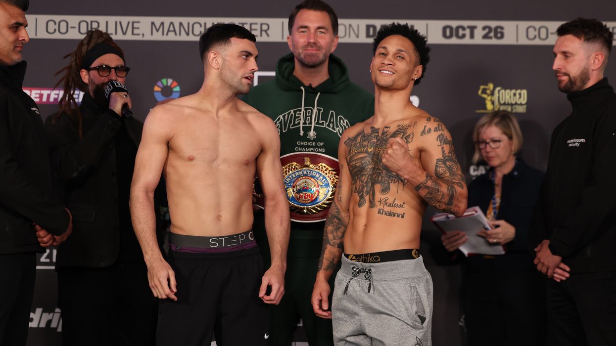 Jack Catterall talks to Regis Prograis at the weigh-in for their anticipated fight