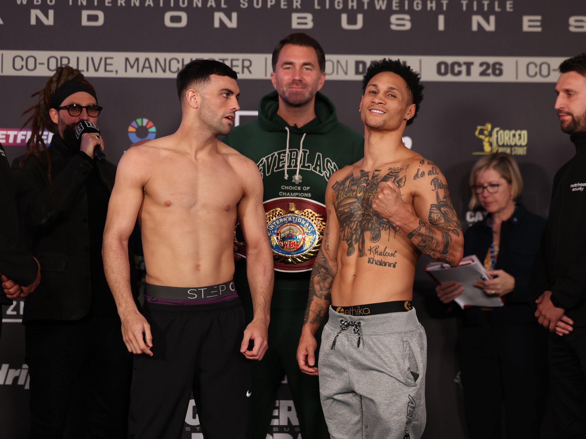 Jack Catterall talks to Regis Prograis at the weigh-in for their anticipated fight