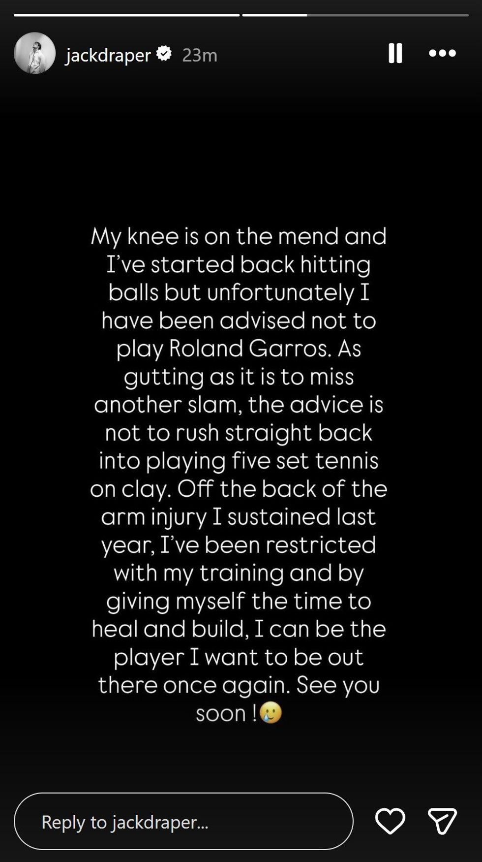 Jack Draper took to social media to post a statement on his condition