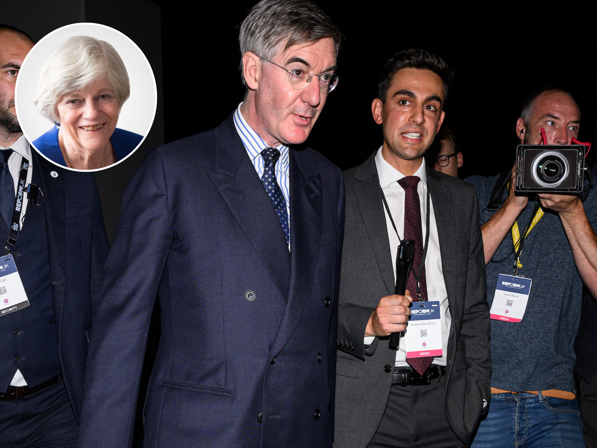 Jacob Rees-Mogg accompanied by the press at Reform UK conference