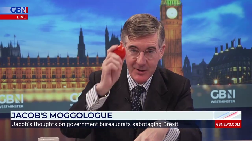 Jacob Rees-Mogg holds up a tomato