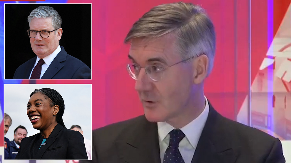 Jacob Rees-Mogg with insets of Keir Starmer and Kemi Badenoch