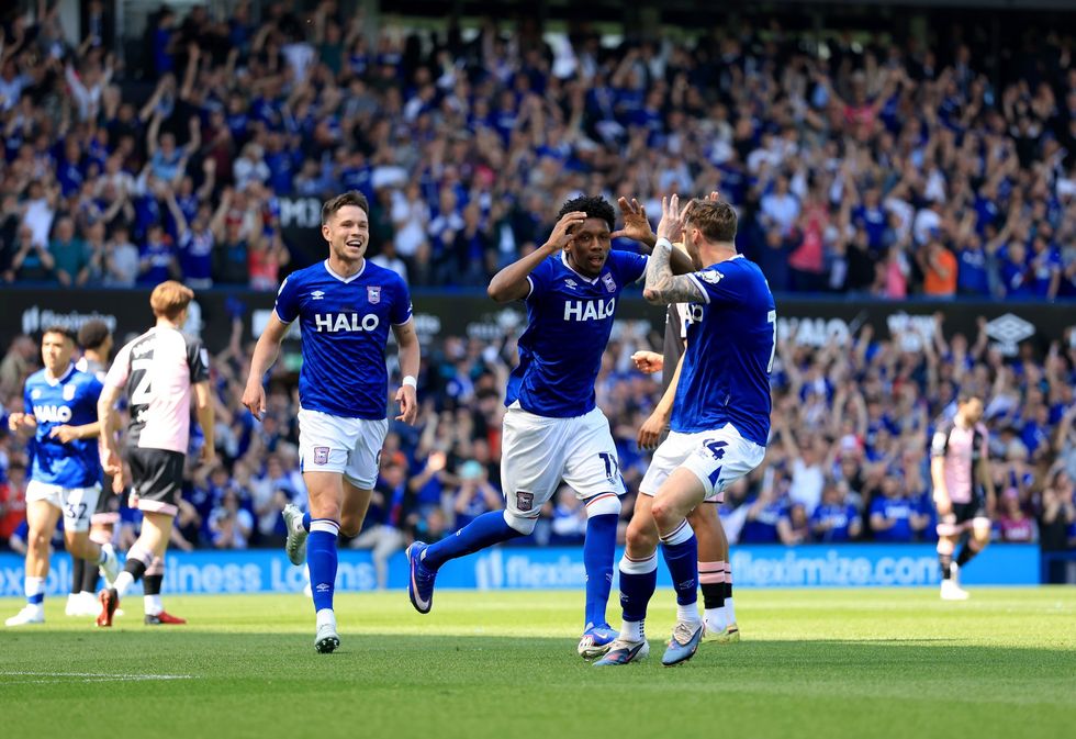 Jaden Philogene celebrates scoring for Ipwich against QPR