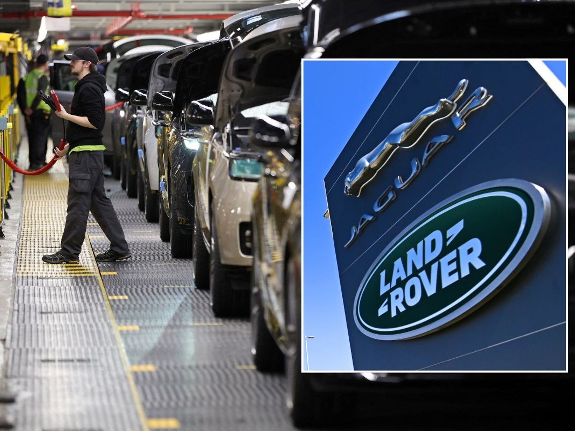 Jaguar Land Rover production facility and a JLR sign