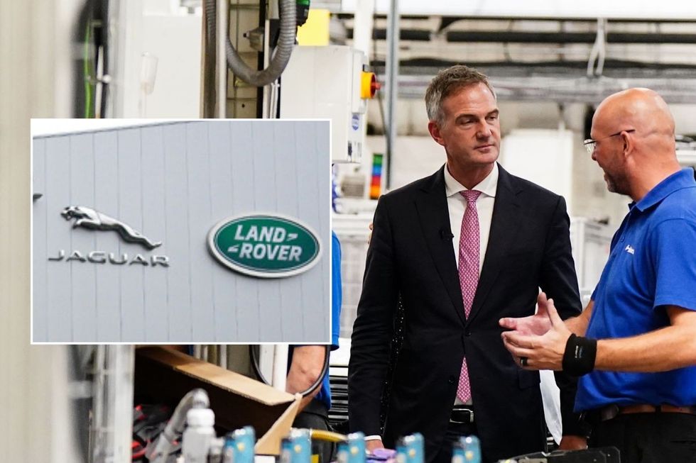 Jaguar Land Rover sign and Business Secretary Peter Kyle touring the Webasto factory