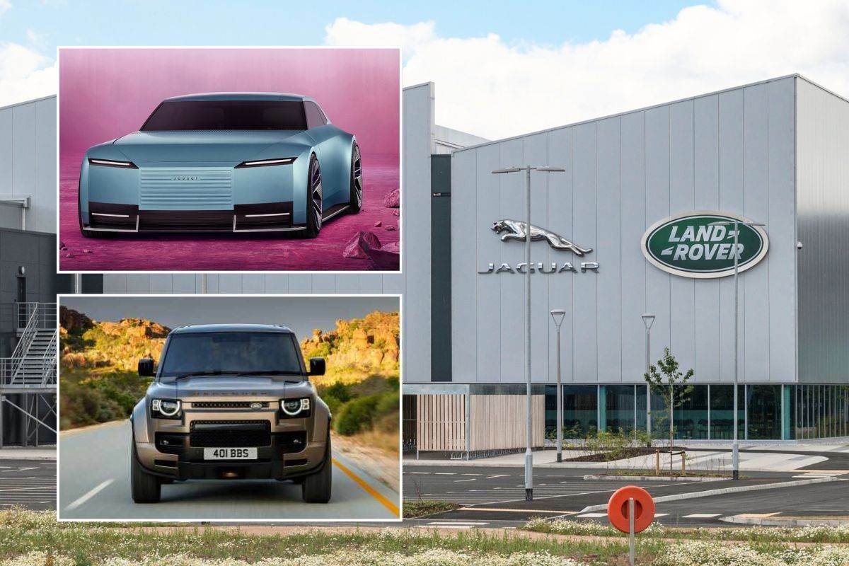Jaguar Type 00 electric concept, JLR building and a Range Rover Defender