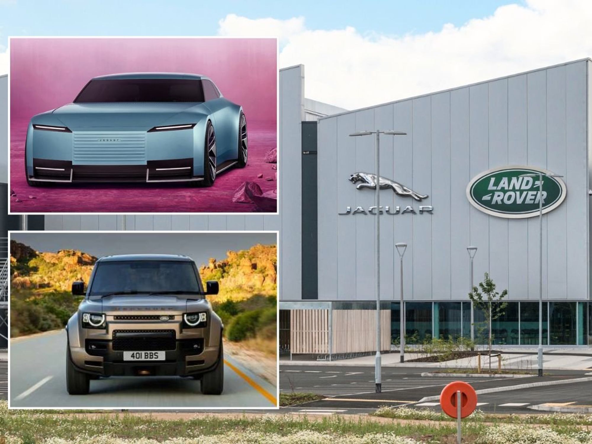 Jaguar Type 00 electric concept, JLR building and a Range Rover Defender