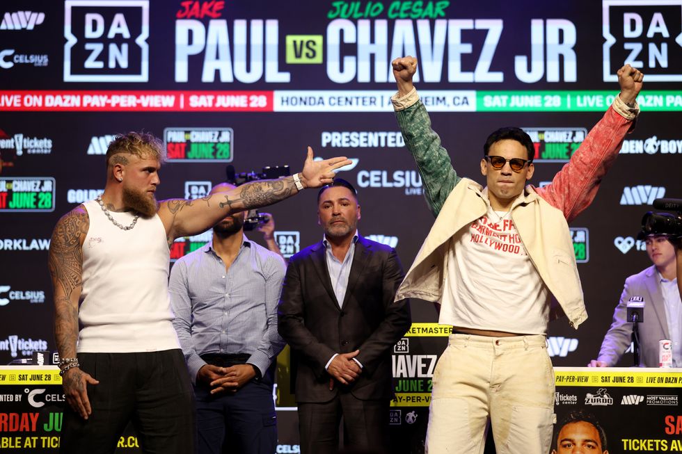 Jake Paul vs. Julio Cesar Chavez Jr. in the press conference for the DAZN fight