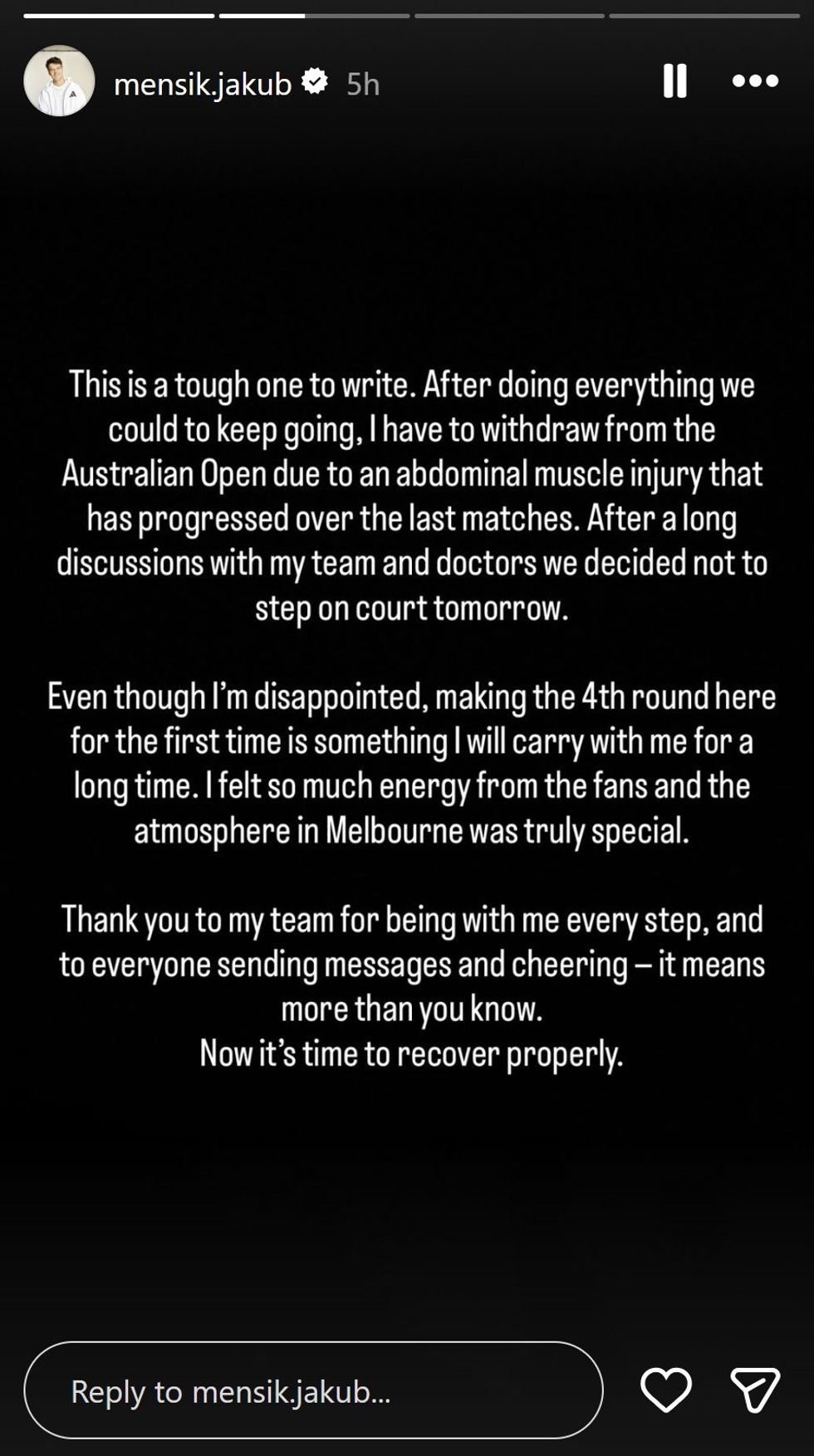 Jakub Mensik made a statement on social media announcing his withdrawal