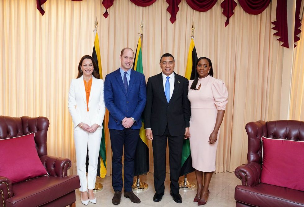 Jamaican Prime Minister Andrew Holness with the Duke and Duchess of Cambridge