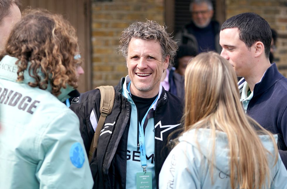 James Cracknell speaks to the Cambridge team prior to the 167th Men's Boat Race on the River Thames
