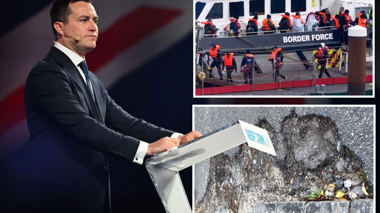 James McMurdock (left), border force patrol boat (top right), potholes (bottom right)