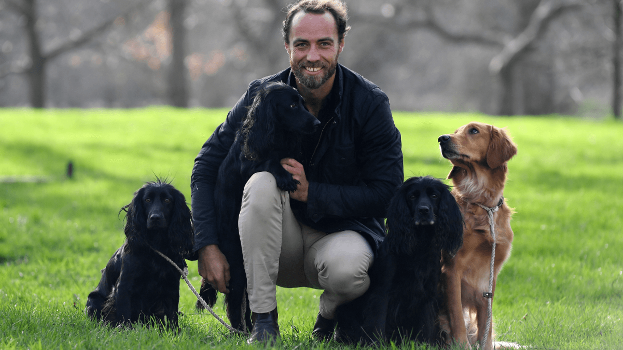 James Middleton poses for a photograph with his dogs Inka, Luna, Ella and Mabel