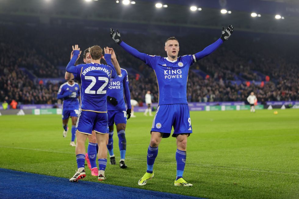Jamie Vardy celebrates scoring for Leicester against Sheffield Wednesday in 2024