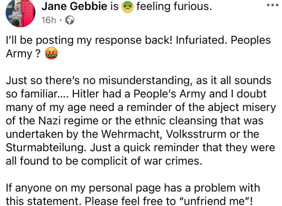 Jane Gebbie also wrote a Facebook post about Reform UK