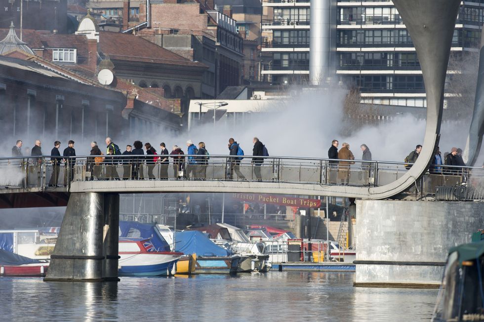 Japanese artist Fujiko Nakaya creates a fog bridge across Bristol harbourside to celebrate the city's status as European Green Capital