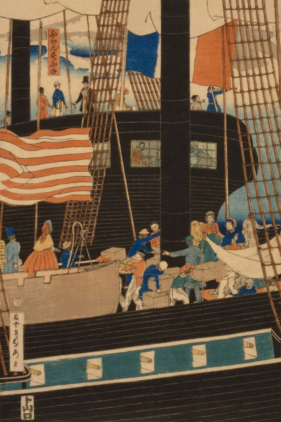 Japanese pentaptych print shows trade with the West