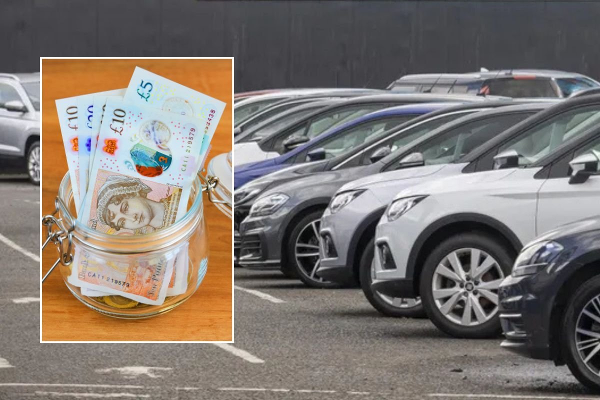 Jar of money and a car dealership forecourt