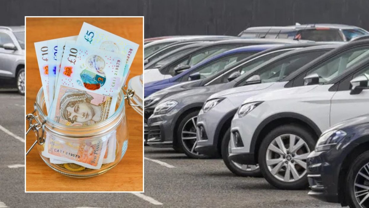 Jar of money and a car dealership forecourt