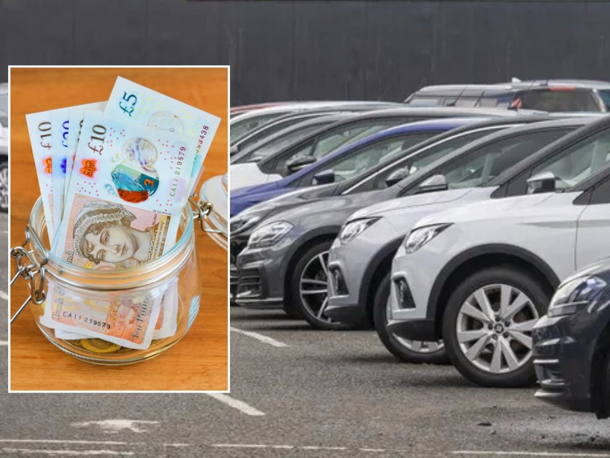 Jar of money and a car dealership forecourt