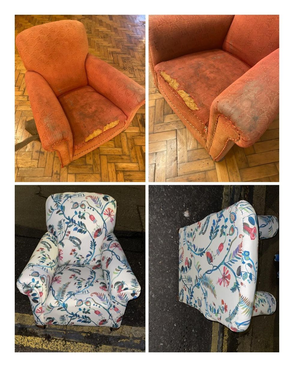 Jay Khan's armchair upholstery before and after photos